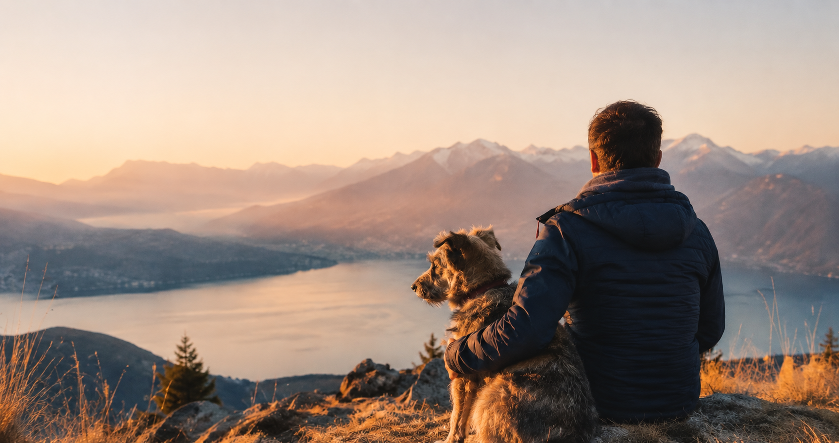 Ein Mann sitzt mit seinem Hund bei Sonnenaufgang über einem Bergsee.